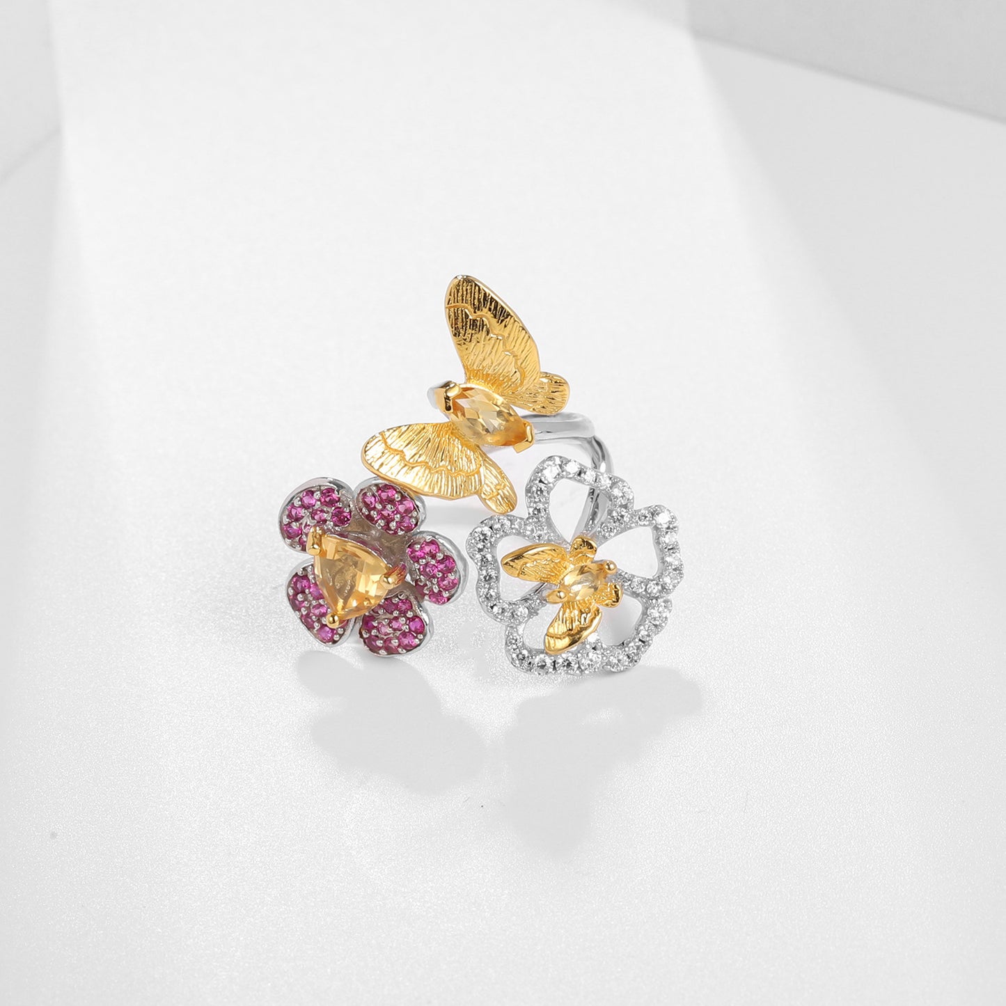 Natural Style Butterfly Flower S925 Silver Open Adjustable Ring