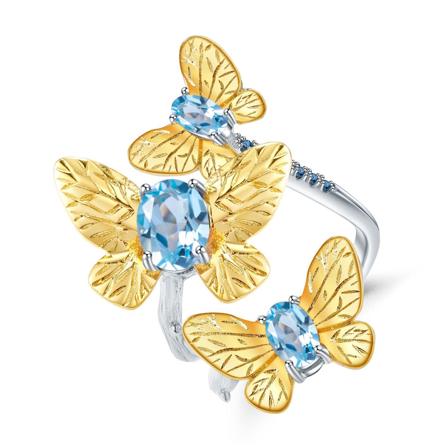 Open Adjustable Ring with Natural Amethyst, 925 Silver Butterfly Design
