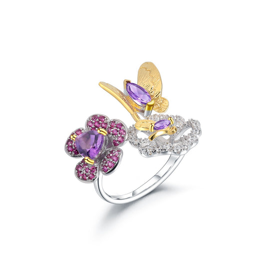 Natural Style Butterfly Flower S925 Silver Open Adjustable Ring