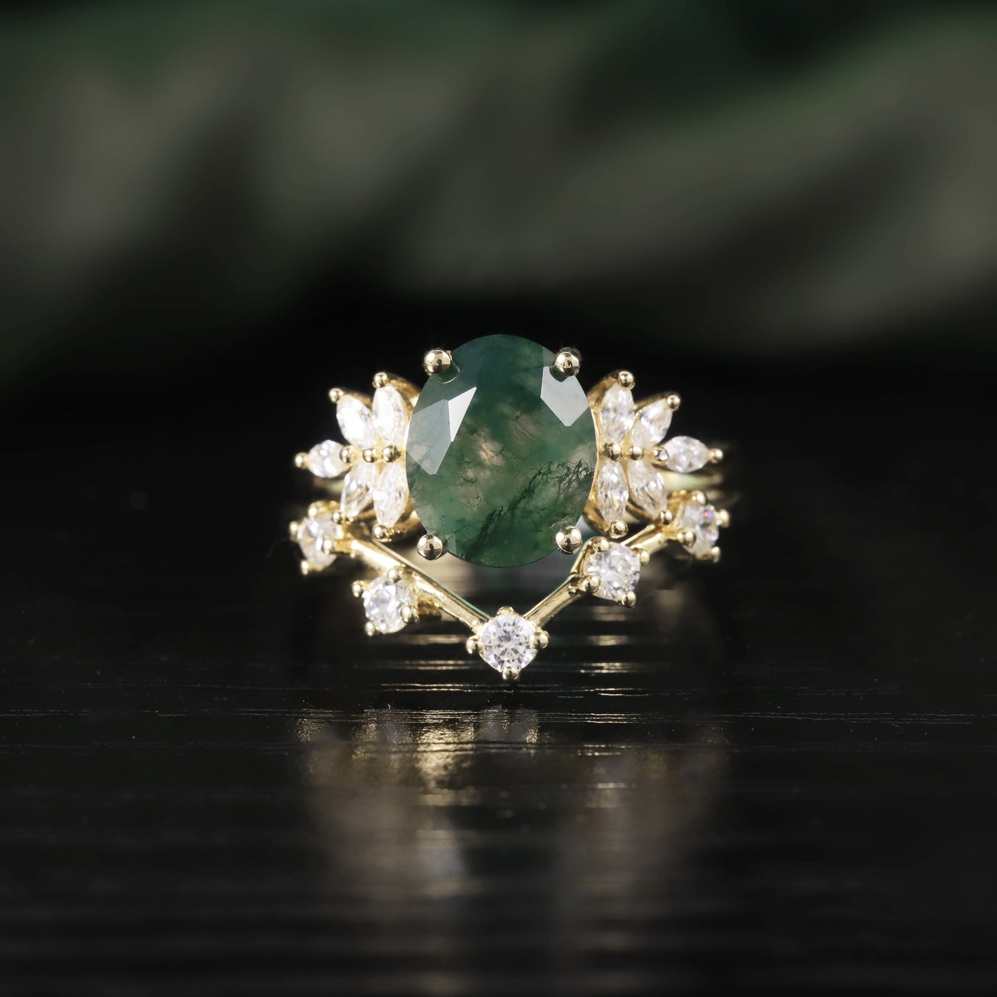 S925 Silver 18k Gold Plated Stackable Seaweed Agate Ring