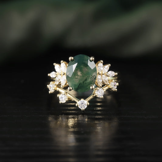 S925 Silver 18k Gold Plated Stackable Seaweed Agate Ring