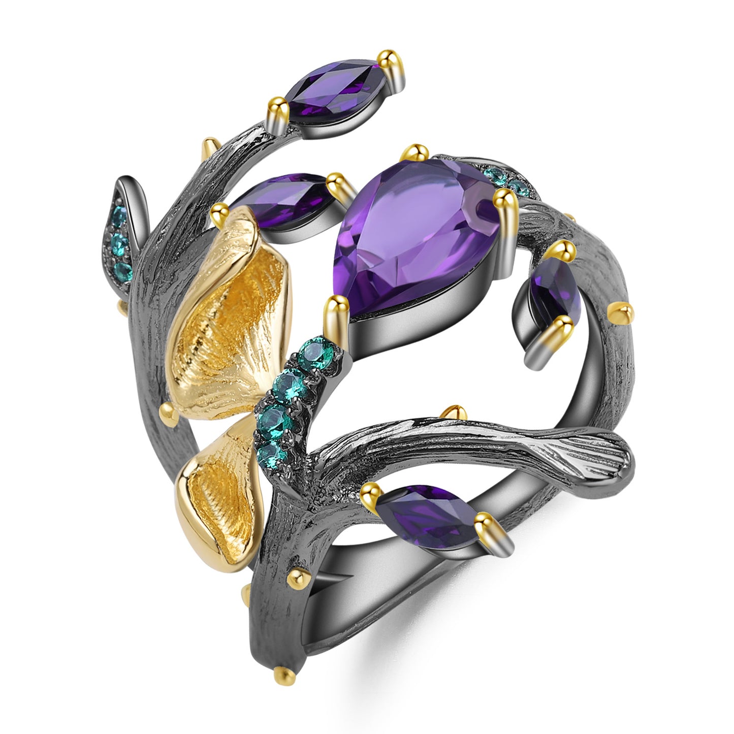 S925 Sterling Silver Natural Crystal Ring with a Nature-Inspired Design
