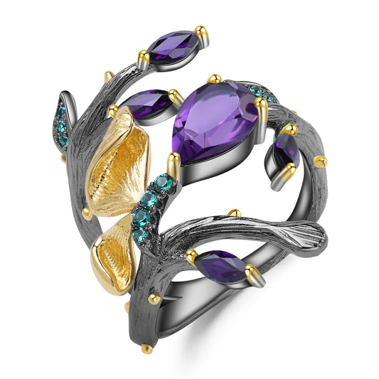 S925 Sterling Silver Natural Crystal Ring with a Nature-Inspired Design