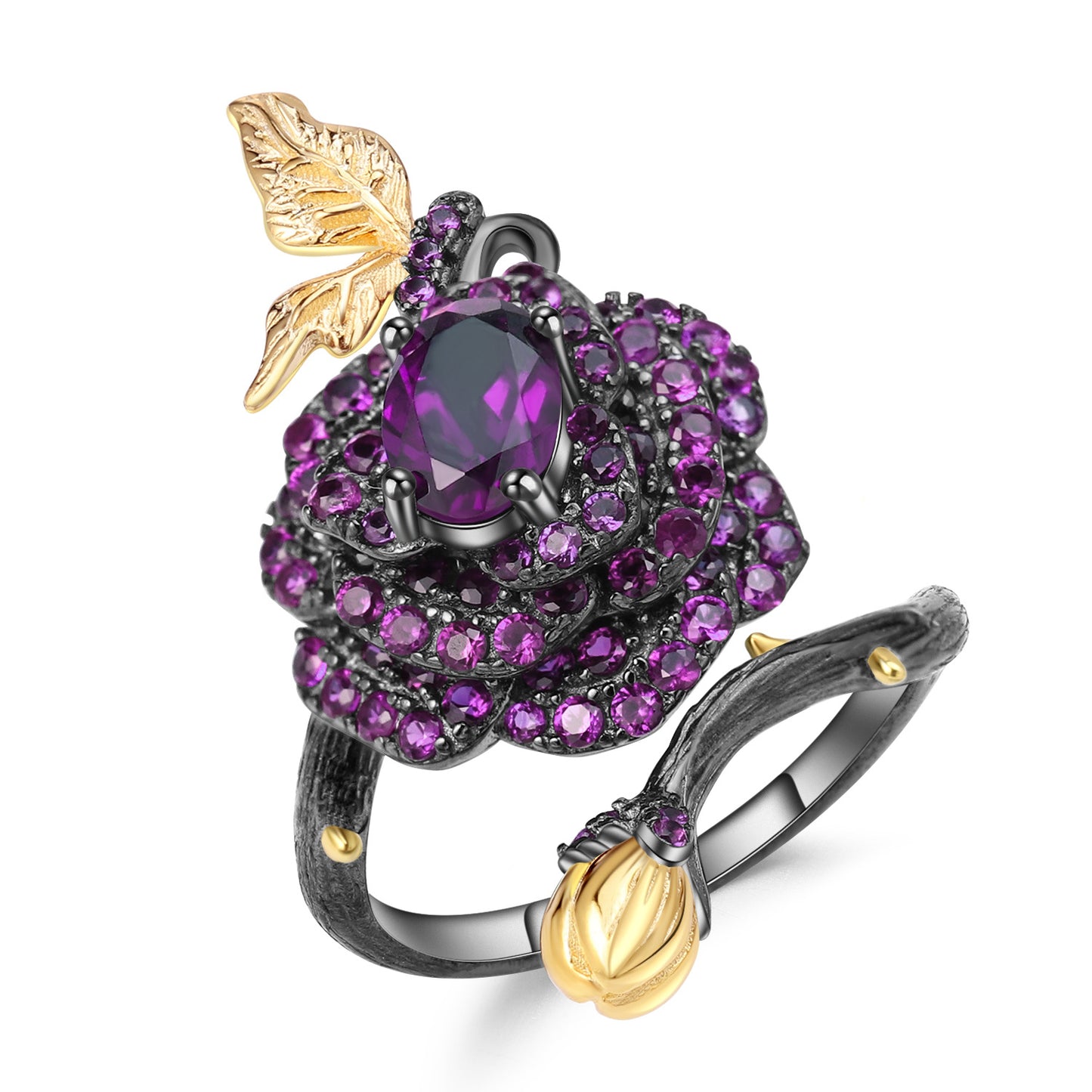S925 Sterling Silver Natural Gemstone Ring with a Nature-Inspired Rose Design