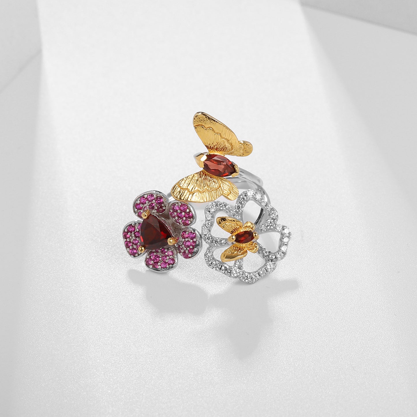 Natural Style Butterfly Flower S925 Silver Open Adjustable Ring