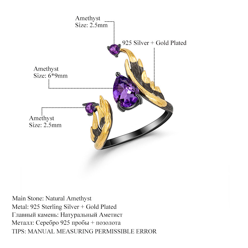 S925 Sterling Silver Dark Vintage Natural Amethyst Ring
