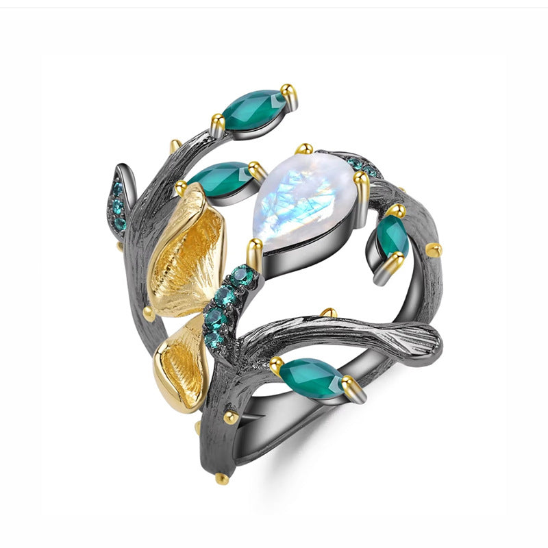 S925 Sterling Silver Natural Crystal Ring with a Nature-Inspired Design