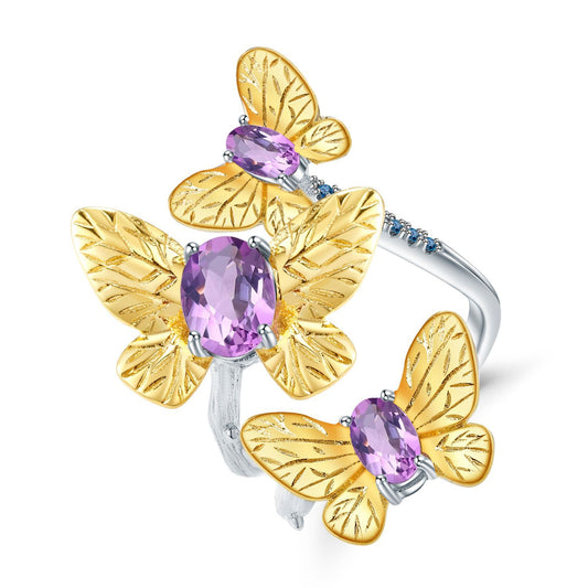 Open Adjustable Ring with Natural Amethyst, 925 Silver Butterfly Design