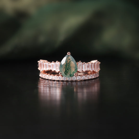 S925 Silver 18k Gold Plated Stackable Seaweed Agate Ring