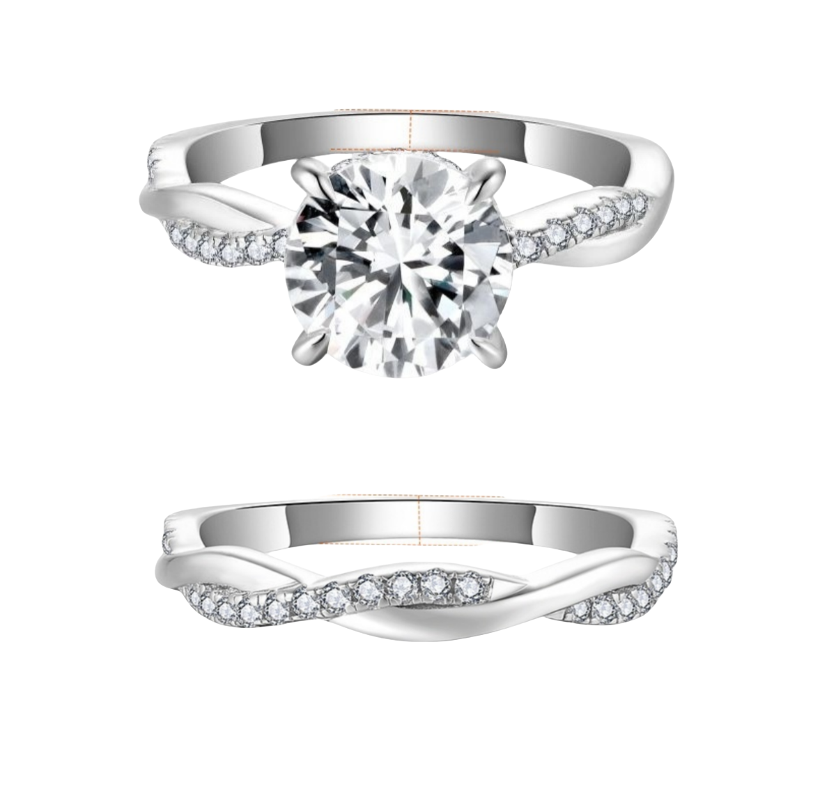 Excellent  S925 Silver Classic Four-Prong 8.0mm 2 Carat Moissanite Solitaire Ring with Moissanite Pave Band