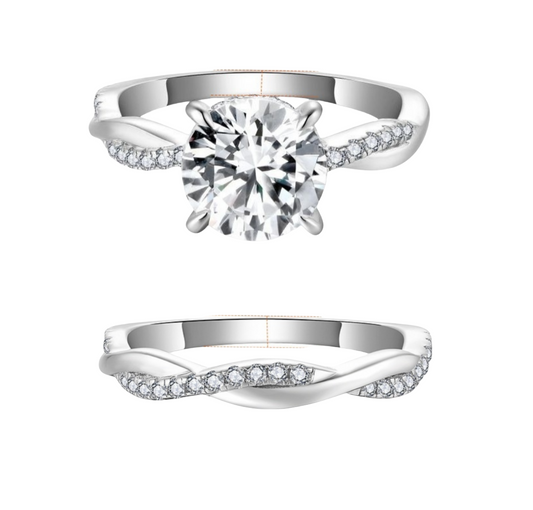 Excellent  S925 Silver Classic Four-Prong 8.0mm 2 Carat Moissanite Solitaire Ring with Moissanite Pave Band