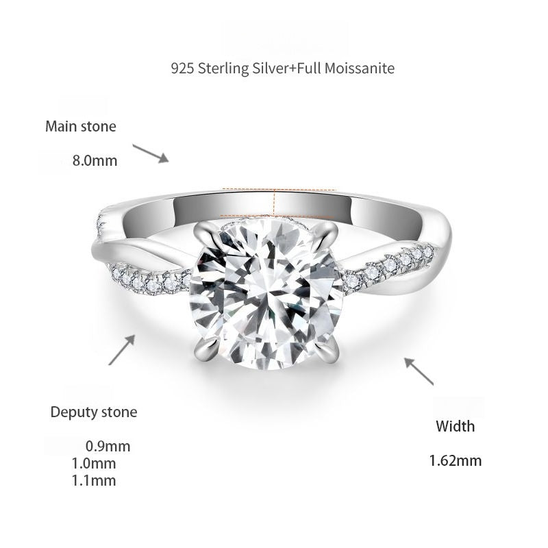 Excellent  S925 Silver Classic Four-Prong 8.0mm 2 Carat Moissanite Solitaire Ring with Moissanite Pave Band