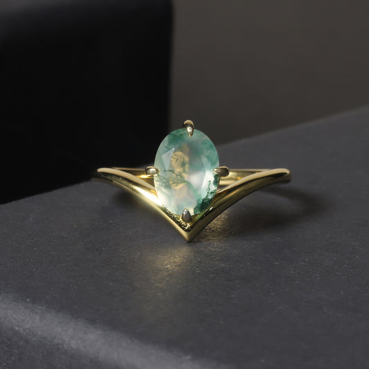 925 Sterling Silver Natural Moss Agate 18K Gold Plated Ring