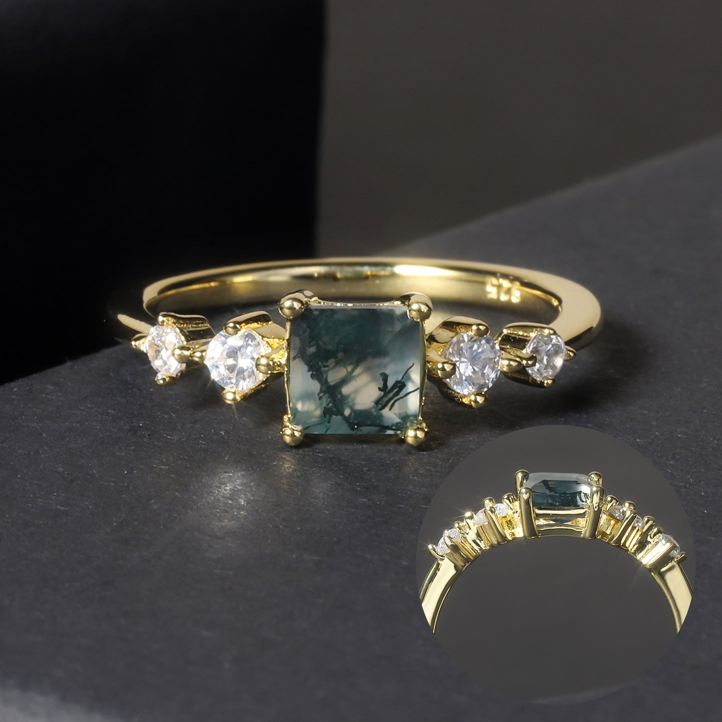 925 Sterling Silver Natural Moss Agate 18K Gold Plated Ring