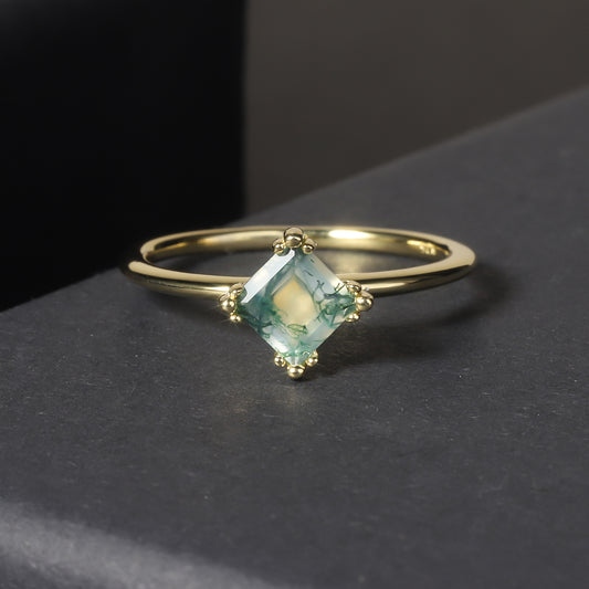 925 Sterling Silver Natural Moss Agate 18K Gold Plated Ring