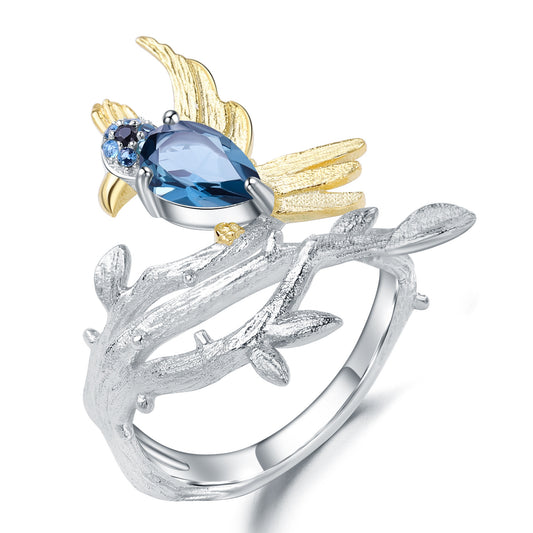Natural Wind Magpie Design 925 Silver Natural Topaz Gemstone Ring