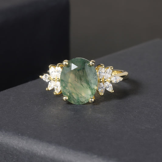 S925 Silver Ring with 18K Gold Plating, featuring Natural Moss Agate Gemstone