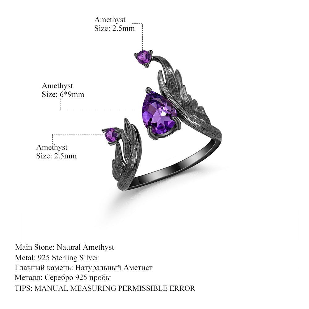 S925 Sterling Silver Dark Vintage Natural Amethyst Ring