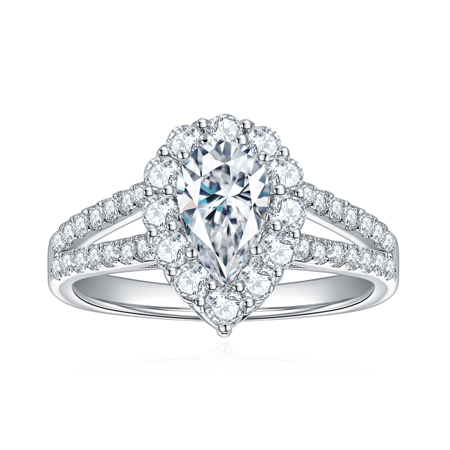 Excellent S925 Silver Pear-Shaped (5x8mm) Full Moissanite Ring, 18K White Gold Plated