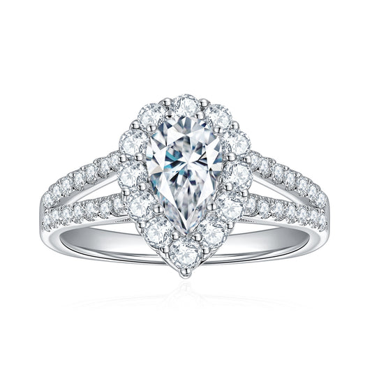 Excellent S925 Silver Pear-Shaped (5x8mm) Full Moissanite Ring, 18K White Gold Plated