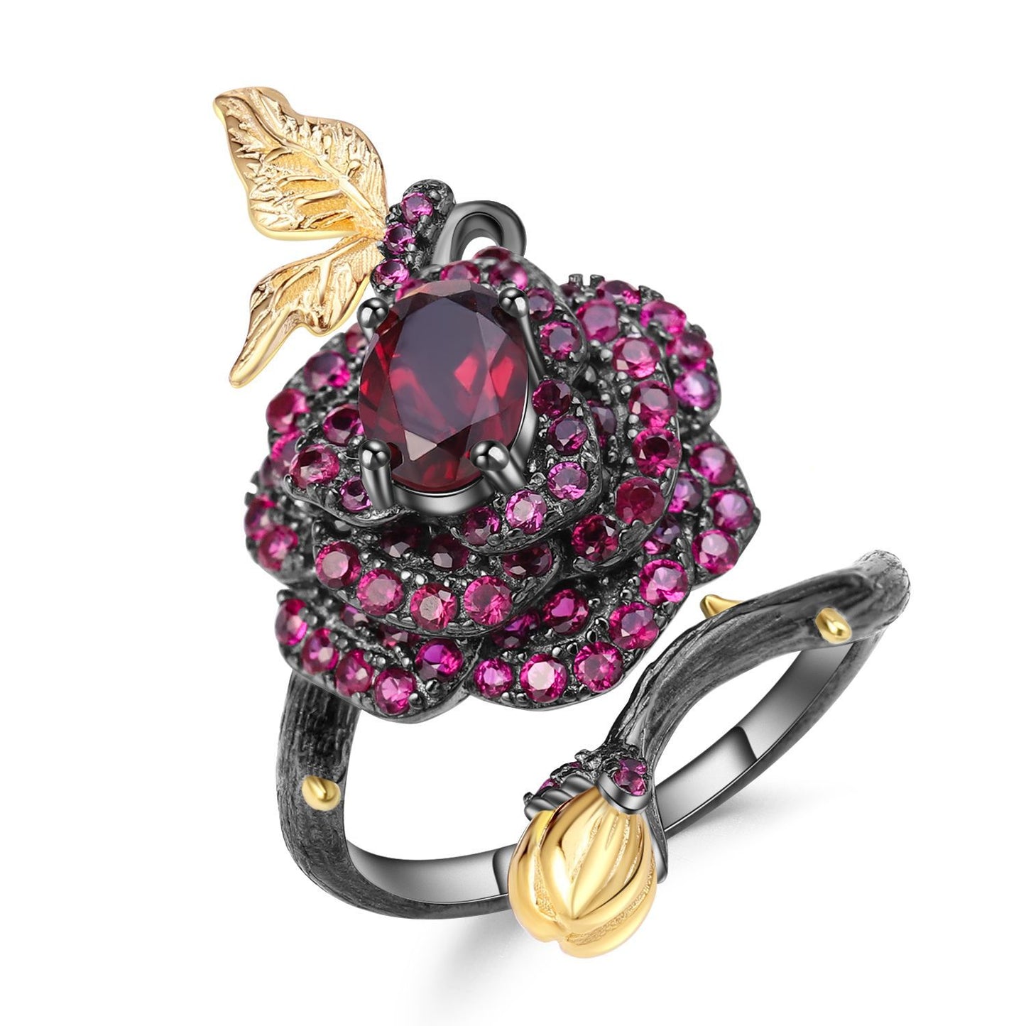 S925 Sterling Silver Natural Gemstone Ring with a Nature-Inspired Rose Design