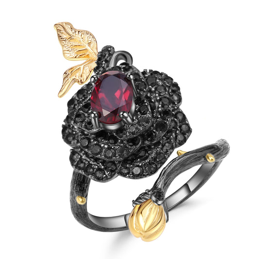 S925 Sterling Silver Natural Gemstone Ring with a Nature-Inspired Rose Design