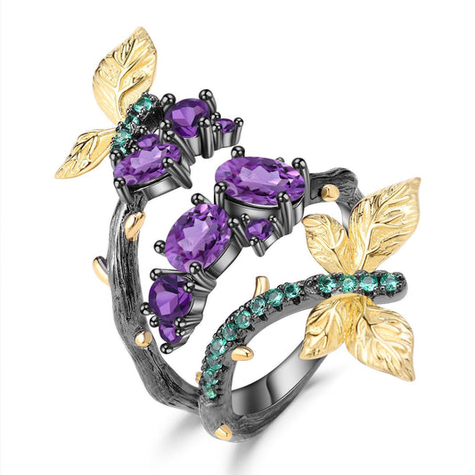Natural Style S925 Silver Butterfly Designed Natural Amethyst Ring