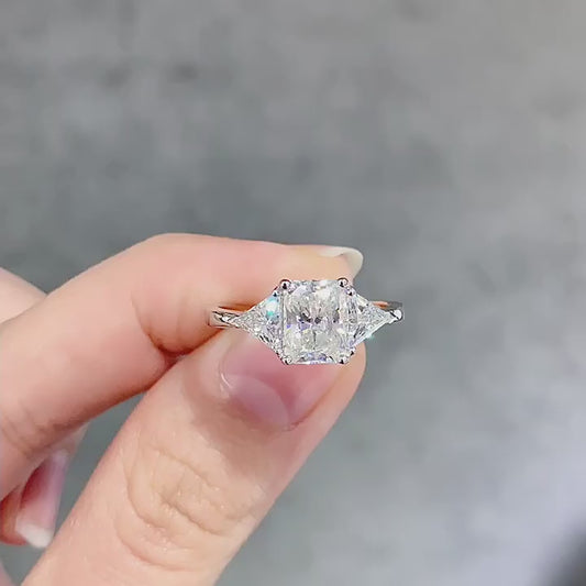 Excellent S925 Silver Radiant Cut Moissanite Ring, 18k Gold Plated